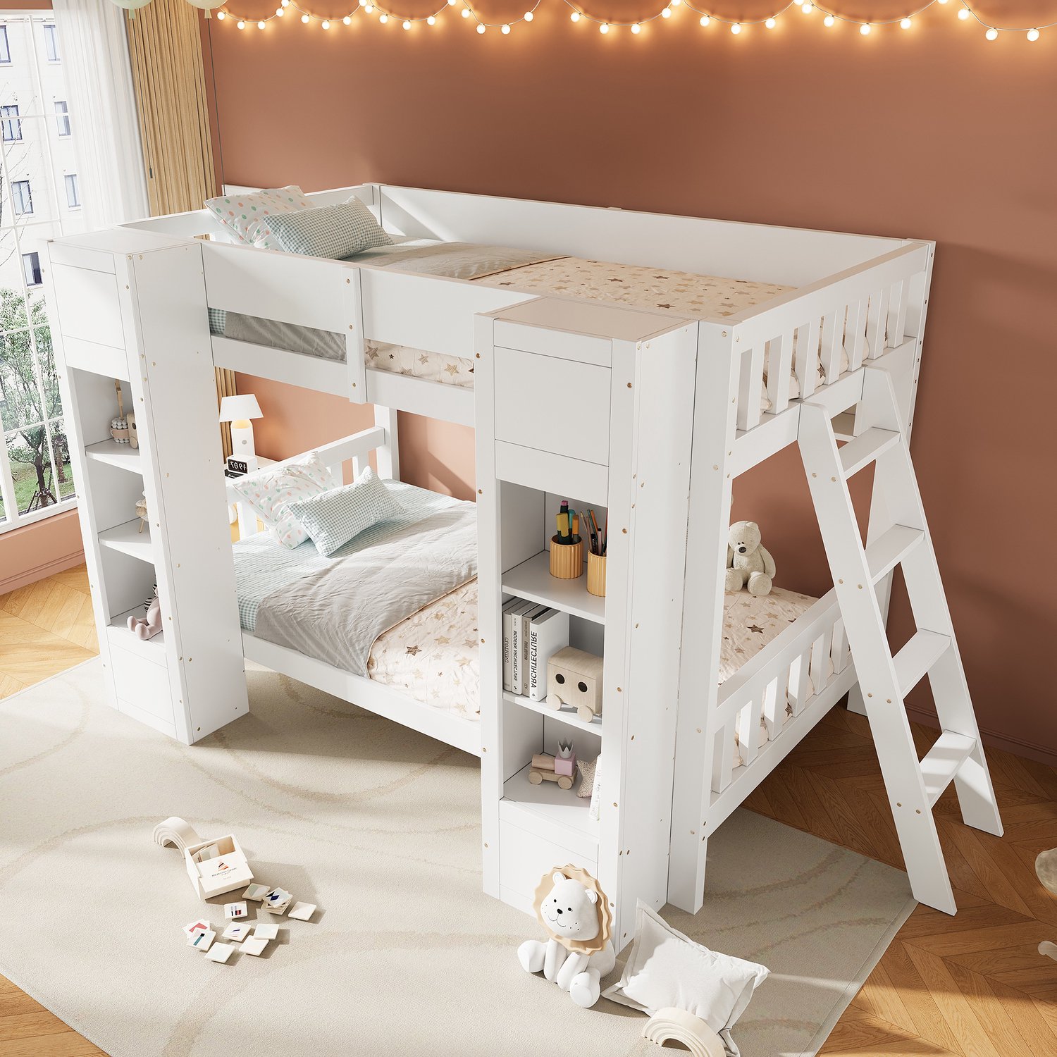 Merax Stapelbed 90x200 cm - kinderbed met opbergruimte - 2 voorkasten - hangrek - ladder links of rechts te plaatsen - wit - zonder matras