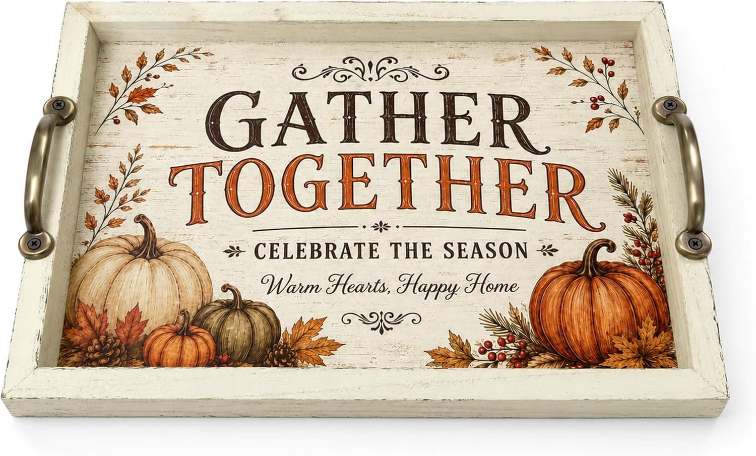 Houten Dienblad met Metalen Handvatten, Rechthoekig Serveerblad met Pompoenprint, Crème Vintage Look, Decoratief Dienblad voor Salontafel, Herfstdecoratie en Ontbijt