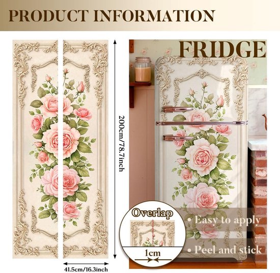 2 stuks vintage roze roos verwijderbare koelkast wraps, zelfklevende bloemen sierlijke koelkast deur muurschildering vinyl vriezers paneel cover sticker voor keuken bar decor, 41,5 x 200 cm — afbeelding 5