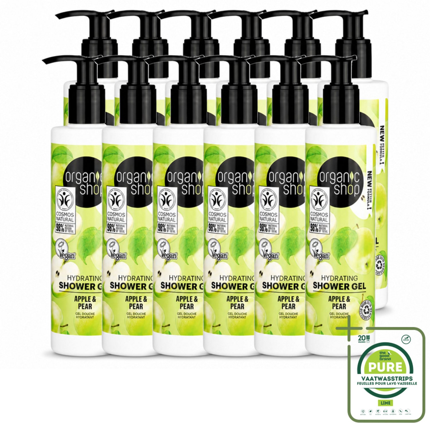 12 x Organic Shop - Douchegel Apple & Pear - Verfrissend en Hydraterend - 280 ml - Grootverpakking - Vaatwasstrips - Douchegel - Natuurlijke Douchegel - Biologische Douchegel - Appel En Peren Douchegel - Hydraterende Douchegel