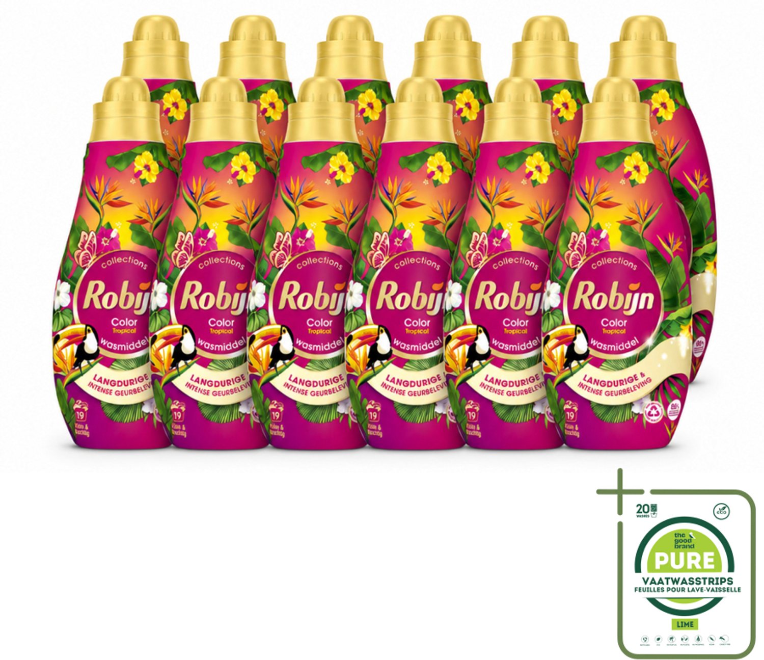 12 x Robijn - Klein & Krachtig Color Tropical - Wasmiddel - 19 Wasbeurten - 665 ml - Grootverpakking - Vaatwasstrips - Kleurbehoud - Wasmiddel - Tropische Geur - Gekleurde Was - Wasmiddel Voor Gekleurd Kleding