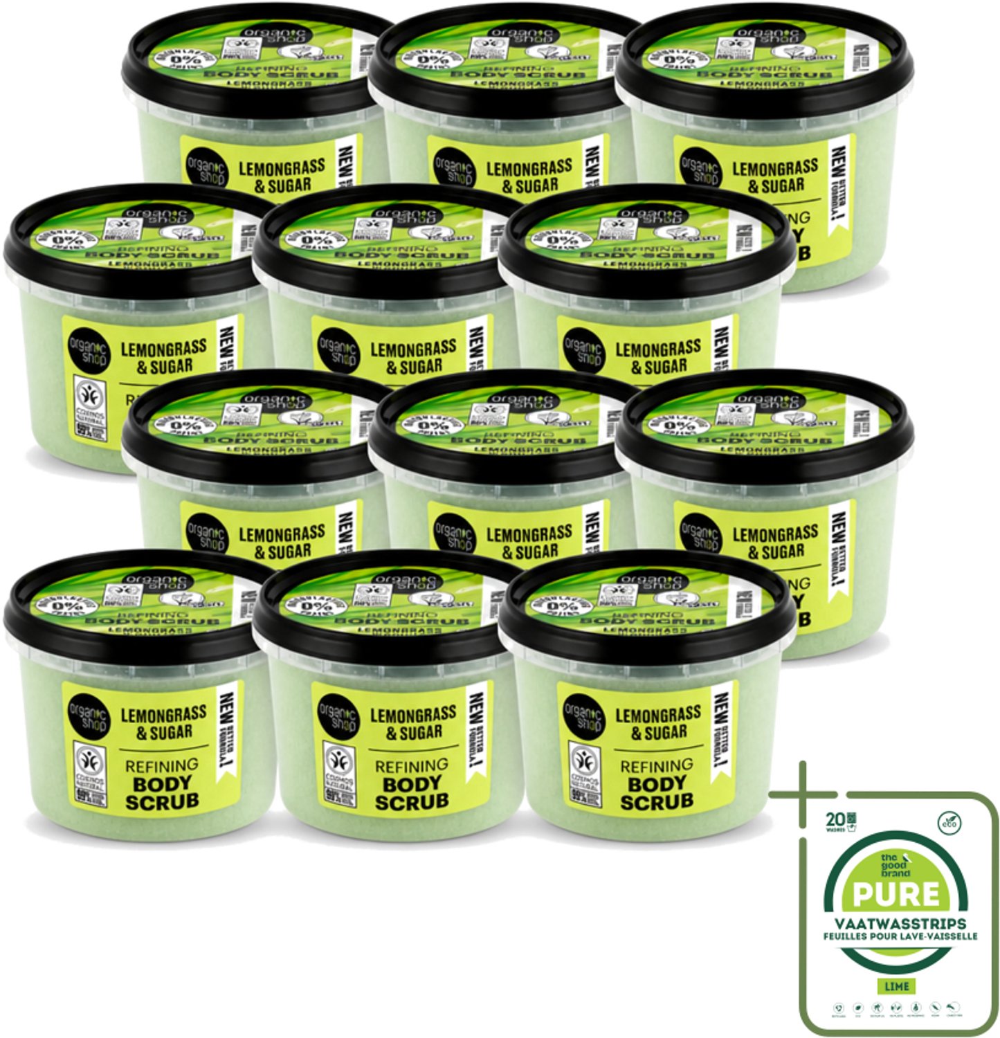 12 x Organic Shop - Body Scrub Lemongrass - Verfrissend en Verzorgend - 250 ml - Grootverpakking - Vaatwasstrips - Bodyscrub - Exfoliatie - Huidverzorging - Citroengrasolie - Suiker Scrub