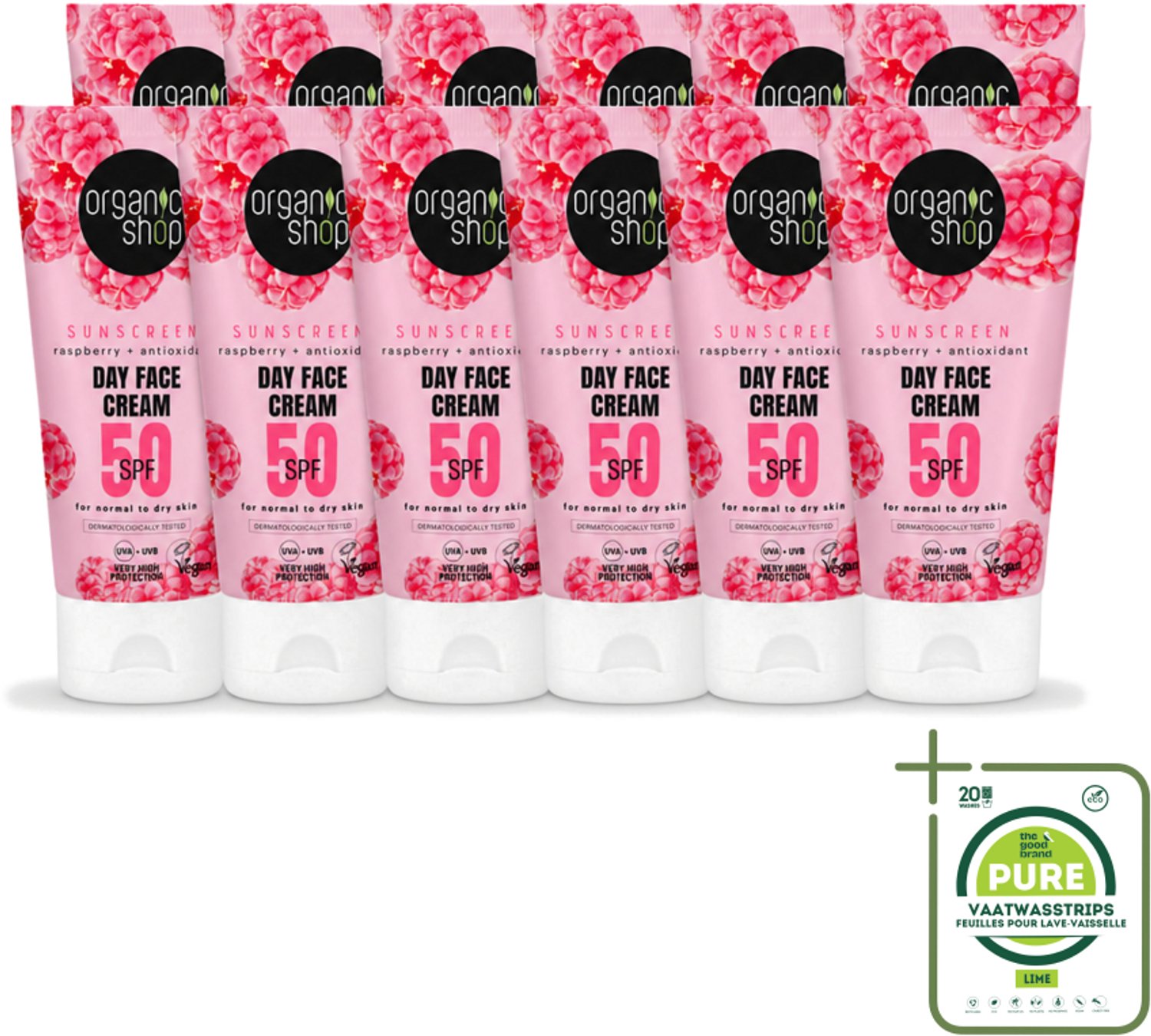12 x Organic Shop - Zonnebrandcrème Gezicht SPF 50 - Normale Huid - 50 ml - Grootverpakking - Vaatwasstrips - Zonbescherming Gezicht - SPF 50 - Gezichtscreme - Huidbescherming - Droge Huid