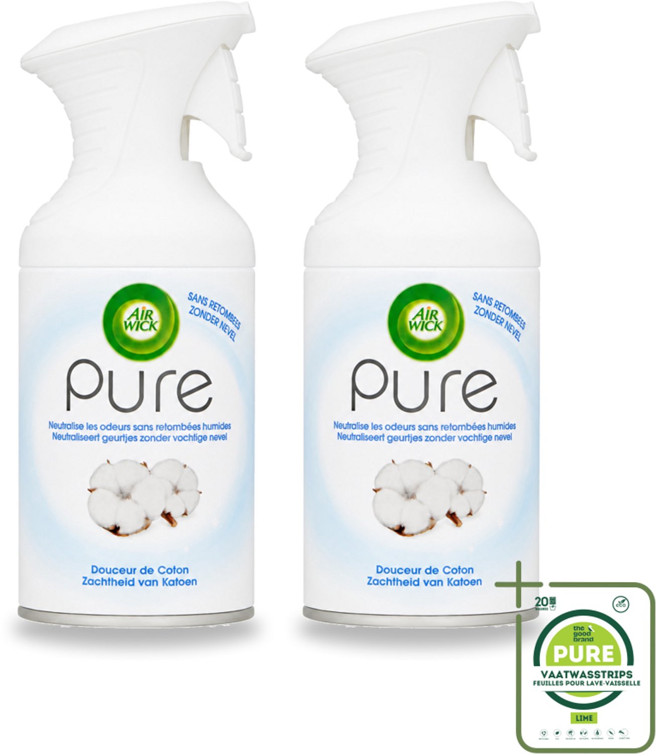 2 x Air Wick - Spray - Zachtheid Van Katoen - Luchtverfrisser - 250 ml - Grootverpakking - Luchtverfrisser - Katoengeur - Frisheid - Geurneutraliseren - Droge Nevel