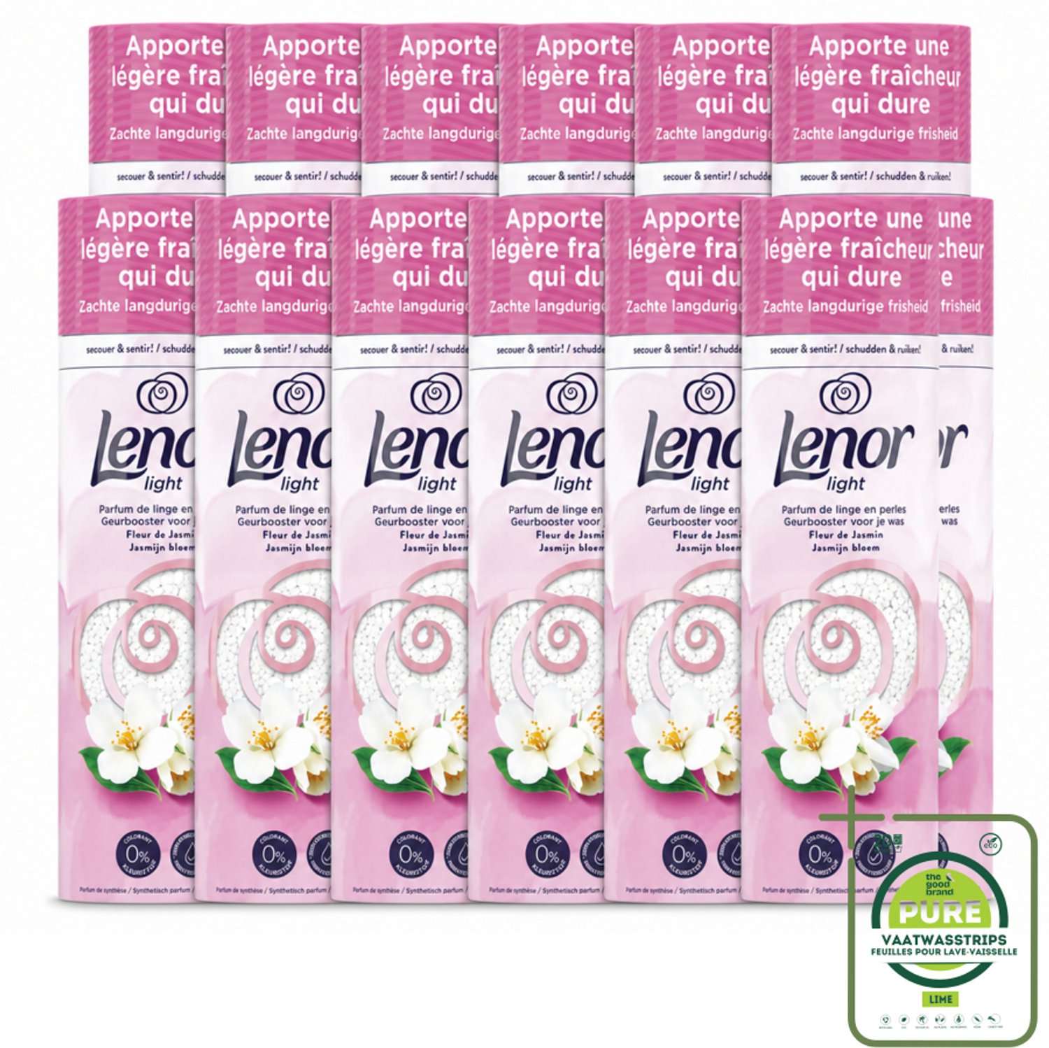 12 x Lenor Light - Geurbooster - Jasmijn - Non-Stop Frisheid - 19 Wasbeurten - Grootverpakking - Vaatwasstrips - Wasgeur - Zijdebloesem - Pioenroos - Geurbooster - Wasgoed
