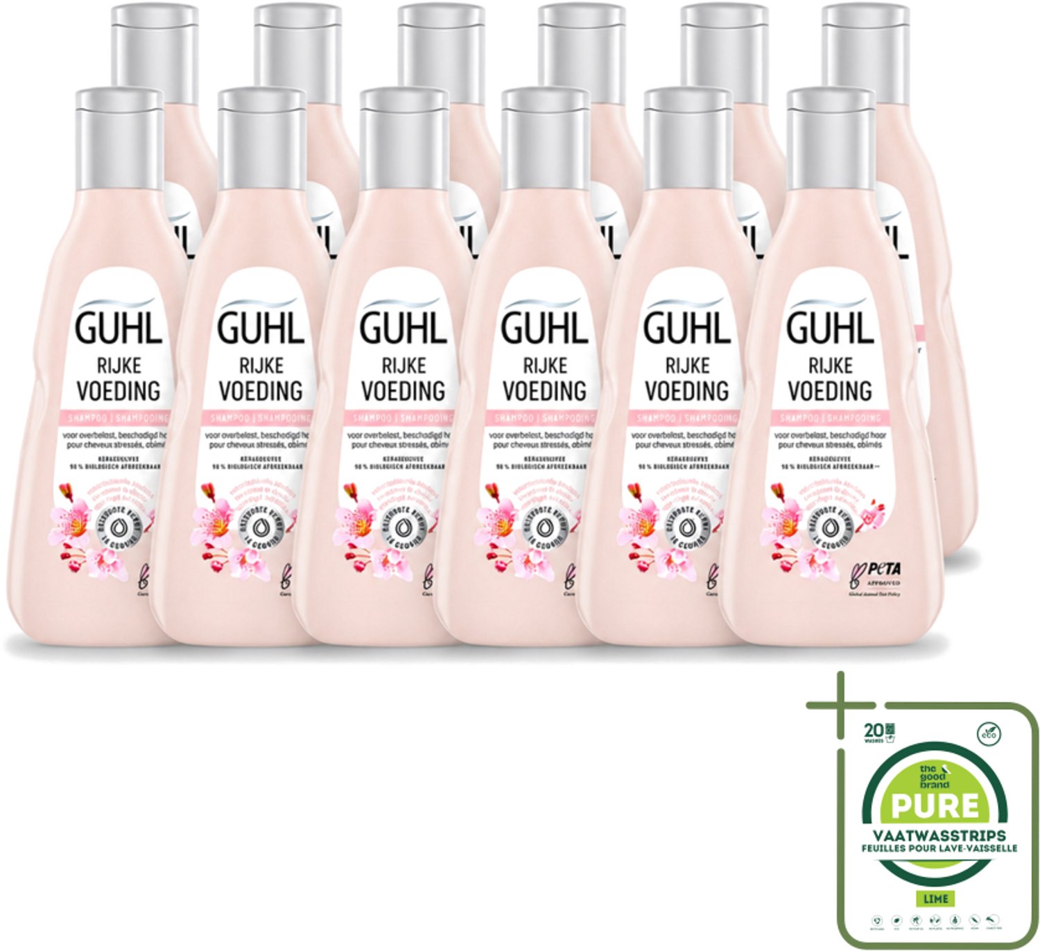 12 x Guhl - Shampoo - Rijke Voeding - 250 ml - Grootverpakking - Vaatwasstrips - Voedend Haarshampoo - Droog Haar - Uitgedroogd Haar - Haar Verzorging - Amandelolie