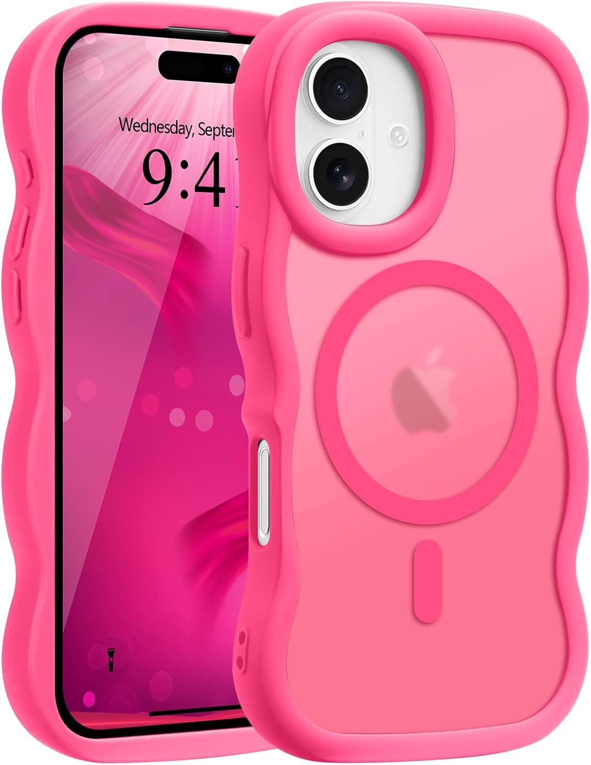 Pepmune Telefoonhoesje voor iPhone 16 Plus, krullend golvend frame, harde transparante achterkant, voor dames en heren, compatibel met Magsafe, TPU-bumper, schok- en valbescherming, felroze