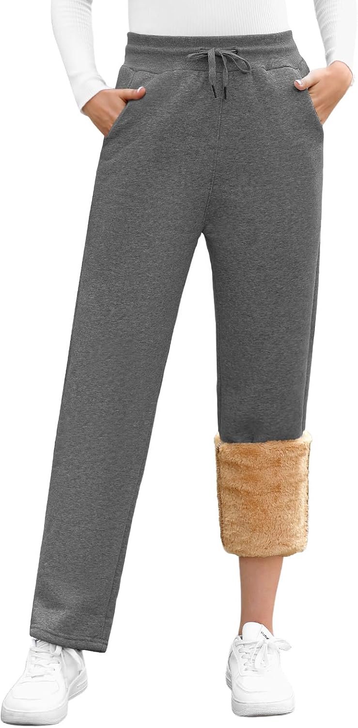 Voqeen Joggingbroek voor dames, warm gevoerd, winter, thermische fleece, verdikte loopbroek, vrijetijdsbroek met trekkoord, sherpa-binnenvoering, comfortabele sweatbroek