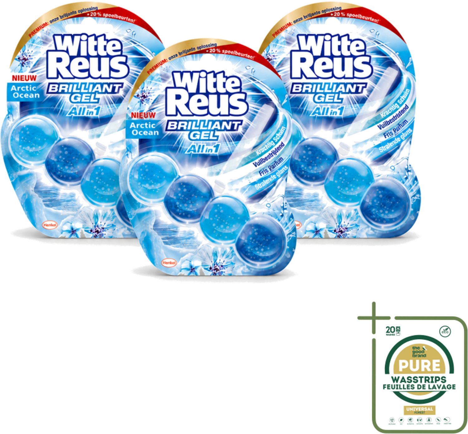 3 x Witte Reus - Brilliant Gel Toiletblok - Arctic Ocean - 1 Toiletblok - Wasstrips - Toiletblok - Reinigingsgel - Oceaangeur - Frisse Geur - Toilet Reinigen