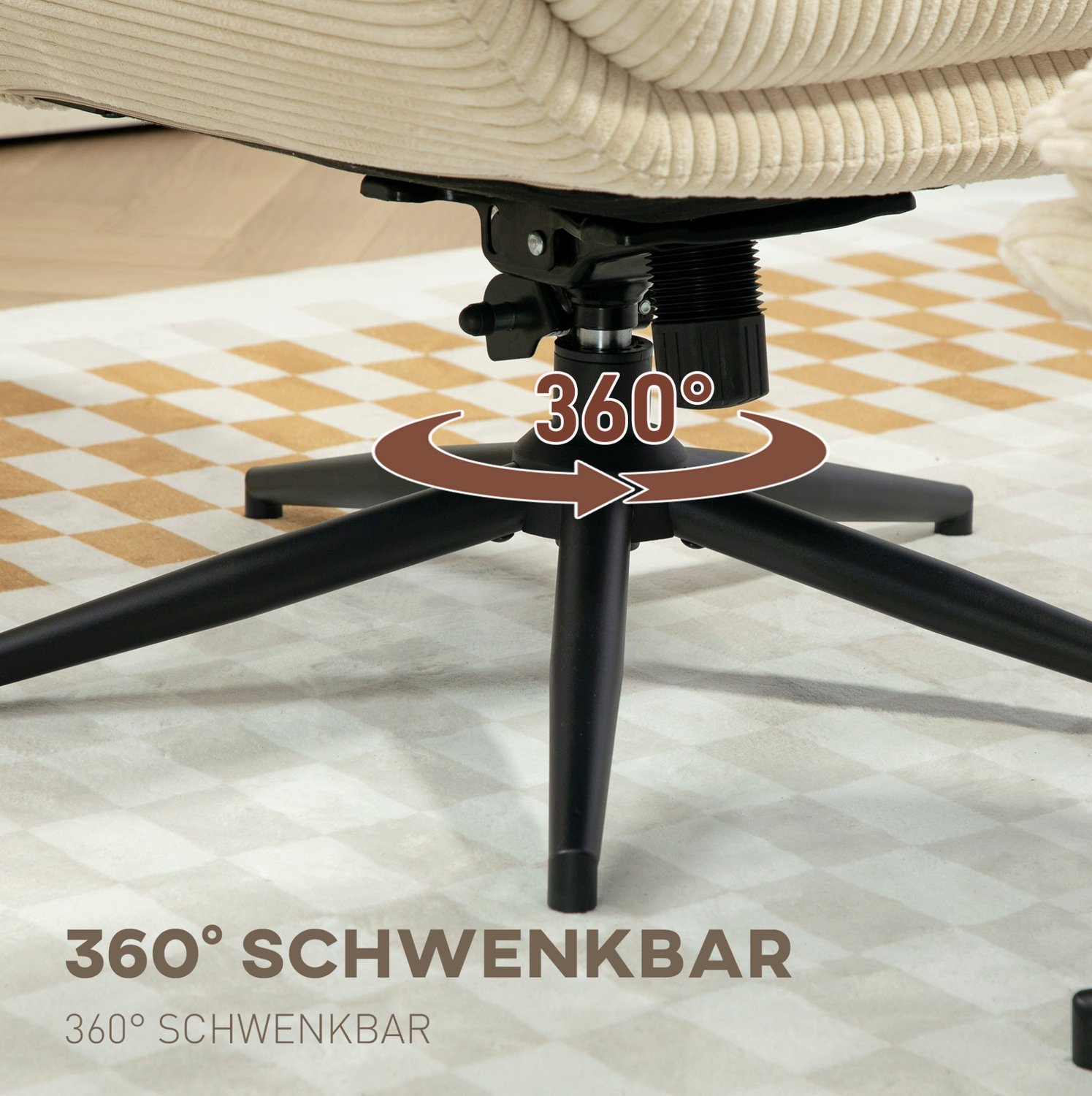DESMIU Relaxfauteuil 85 x 74 x 104 cm - 360 Graden Draaibaar Met Verstelbare Rugleuning En Hocker - Woonkamer - Polyester Beige