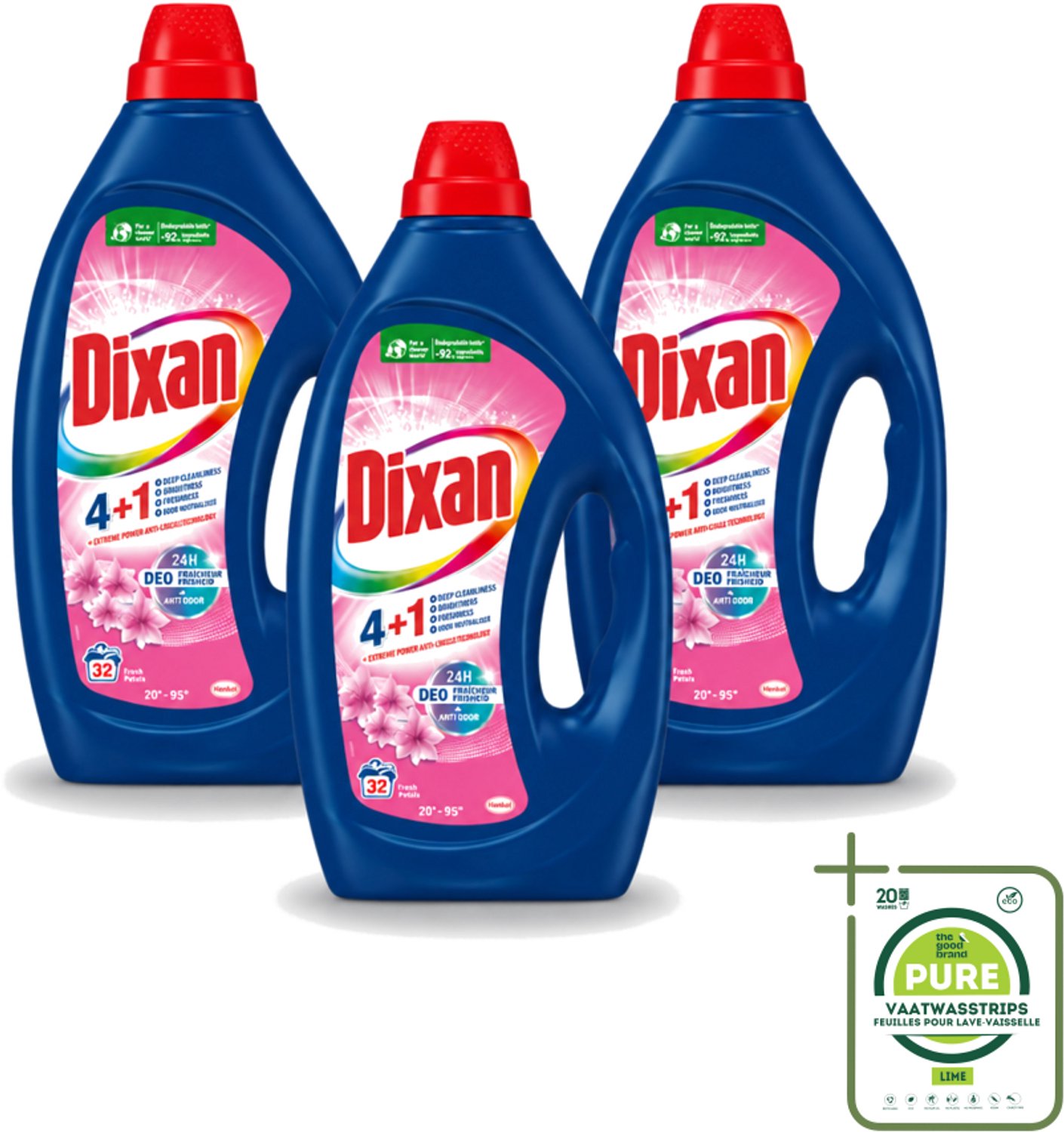 3 x Dixan - Vloeibaar wasmiddel - Fresh Pink - 32 wasbeurten - Grootverpakking - Vaatwasstrips - Wasmiddel - Wasgeur - Frisse Geur - Vlekverwijdering - Wasmachine
