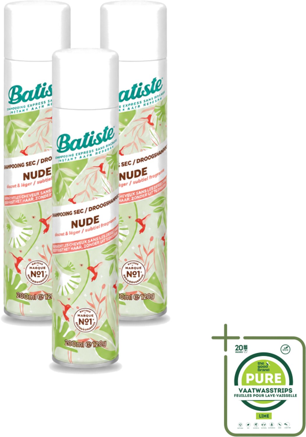 3 x Batiste - Nude - Droogshampoo - Frisse Look - Volume en Textuur - 200ml - Grootverpakking - Vaatwasstrips - Droogshampoo - Fris Haar - Natuurlijk Haar - Schone Haardos - Haarkleur