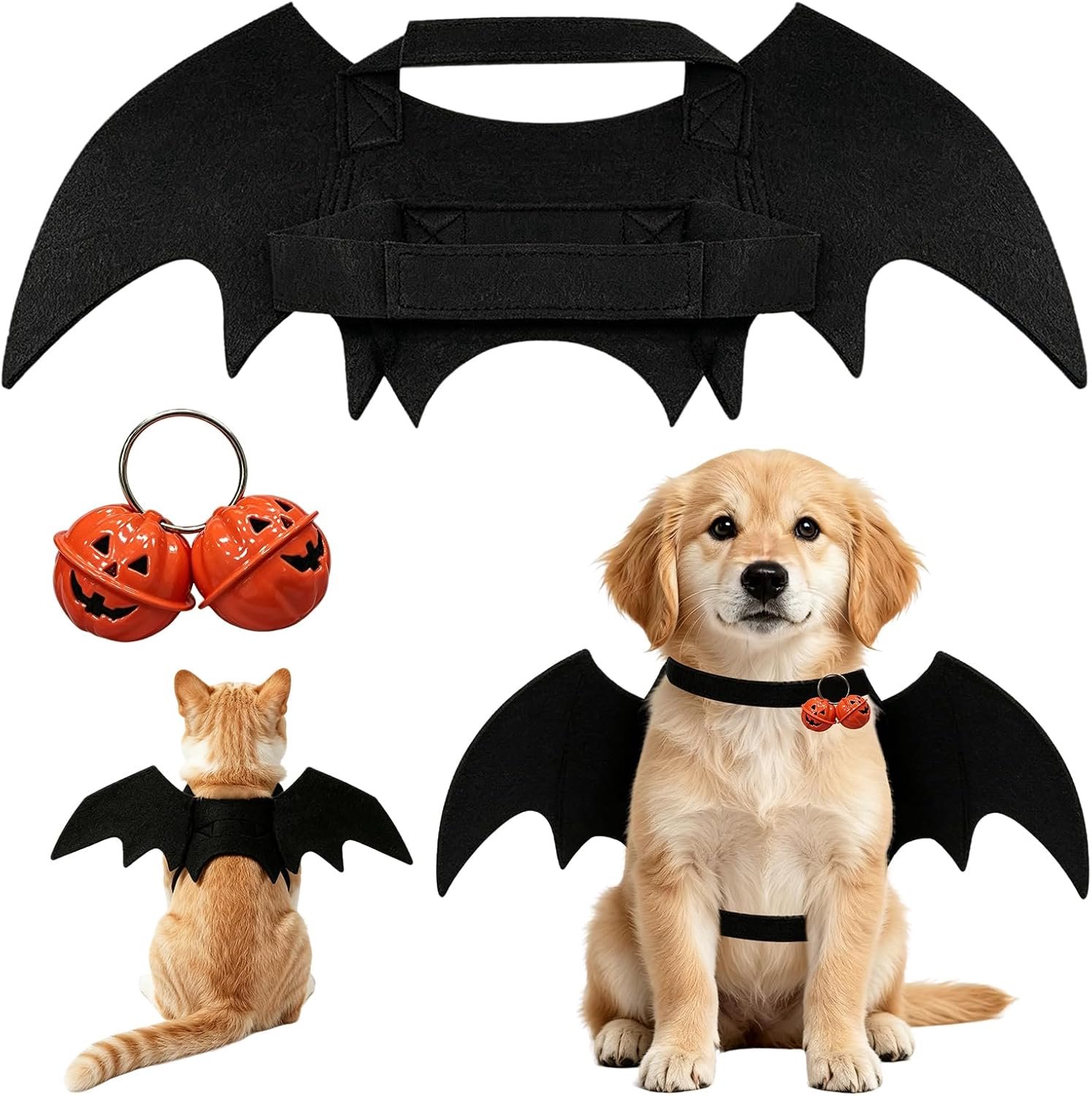Halloweenkostuum voor honden, vleermuis, kattenkostuum inclusief vleermuis, vleugels, hond en pompoenklokken, voor huisdieren, Halloween, party, cosplay (M)