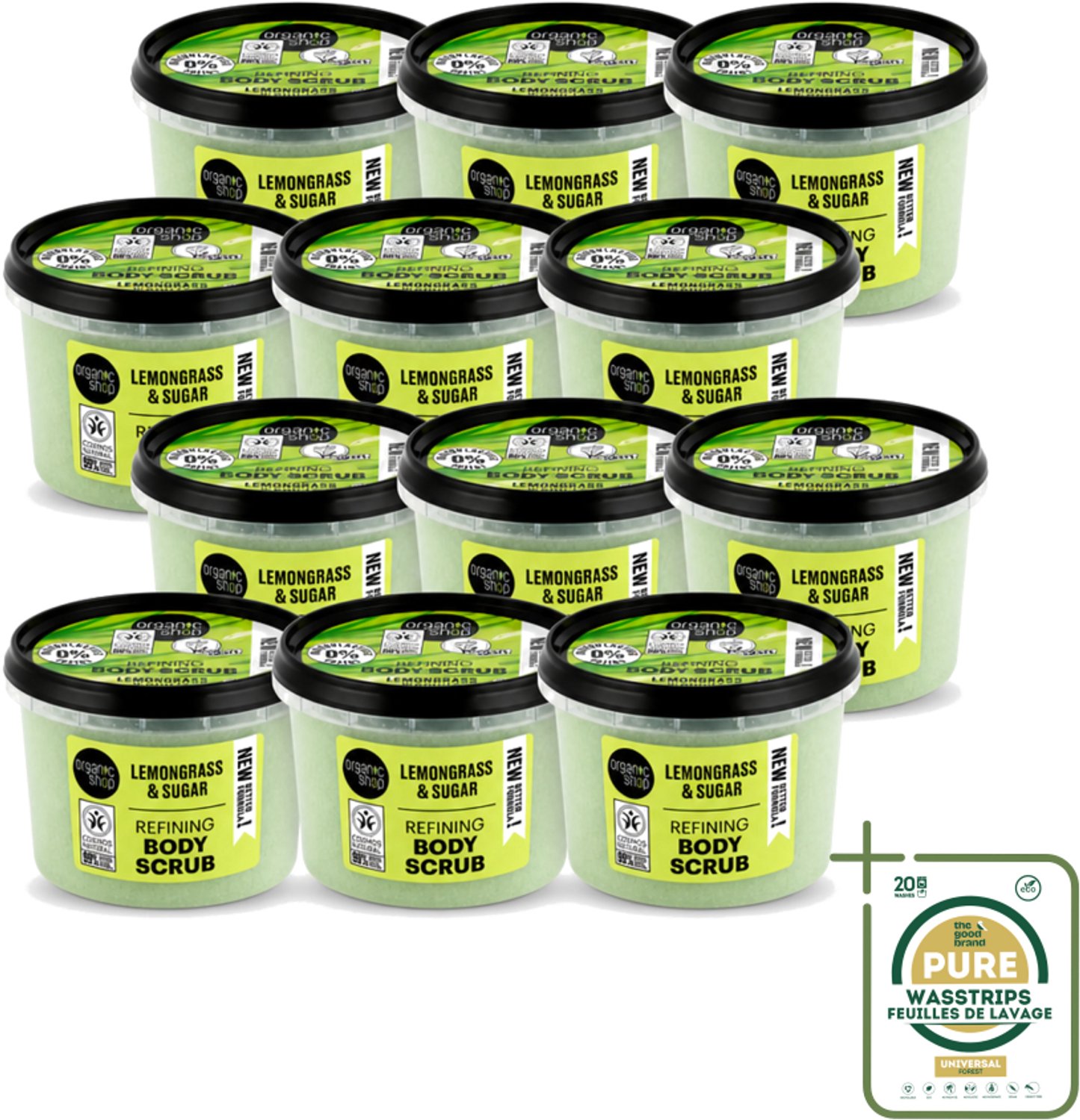 12 x Organic Shop - Body Scrub Lemongrass - Verfrissend en Verzorgend - 250 ml - Wasstrips - Bodyscrub - Huidpeeling - Citroengrasolie - Natuurlijke Huidverzorging - Exfoliatie