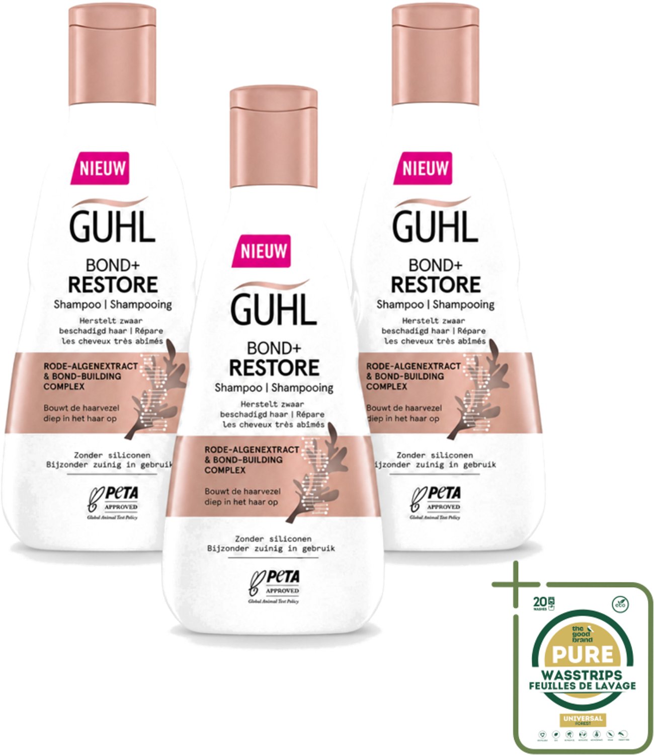 3 x Guhl - Shampoo - Bond+ Restore - 250 ml - Wasstrips - Herstel Haar - Beschadigd Haar - Zwaar Beschadigd Haar - Haar Herstellen - Haar Versterken