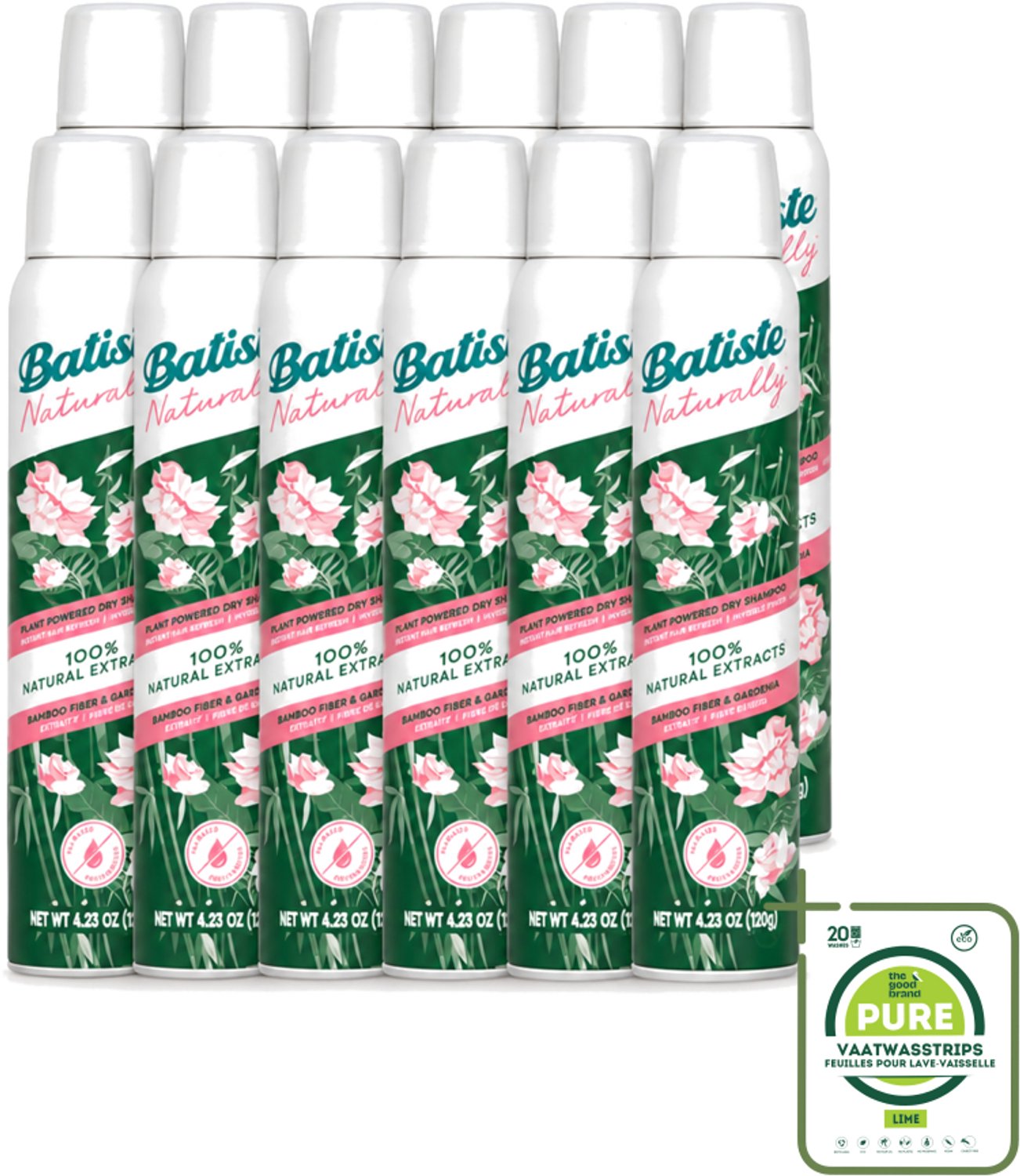 12 x Batiste - Naturally Bamboo Fibre & Gardenia - Droogshampoo - Versterkt en Verfrist - 100% Natuurlijk - 200ml - Grootverpakking - Natuurlijke Haarkleur - Haarkleur Verfrissen - Haarkleur Versterken - Haarkleur Verzorgen - Haarkleur Droogshampoo