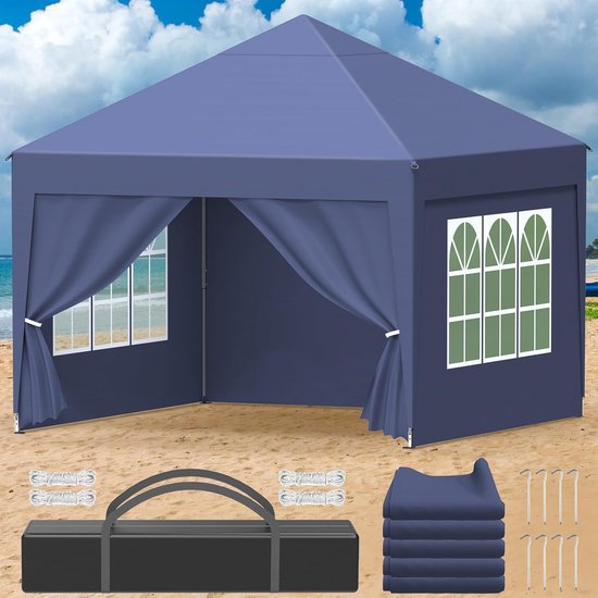 Opvouwbaar paviljoen, 3 x 3 m, opvouwbaar, waterdicht, outdoorpaviljoen, duurzaam, pop-up tuin, paviljoen, met 4 zijwanden, anti-uv 50+, in hoogte verstelbaar, voor feestjes, camping, — afbeelding 2
