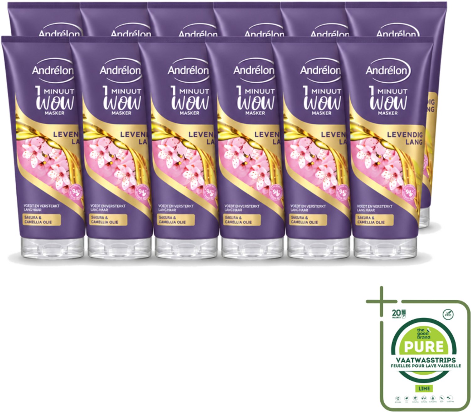 12 x Andrélon - WOW - Masker - Levendig Lang - 180 ml - Grootverpakking - Vaatwasstrips - Haarmasker - Lang Haar - Intensieve Verzorging - 1 Minuut - Sakura-olie