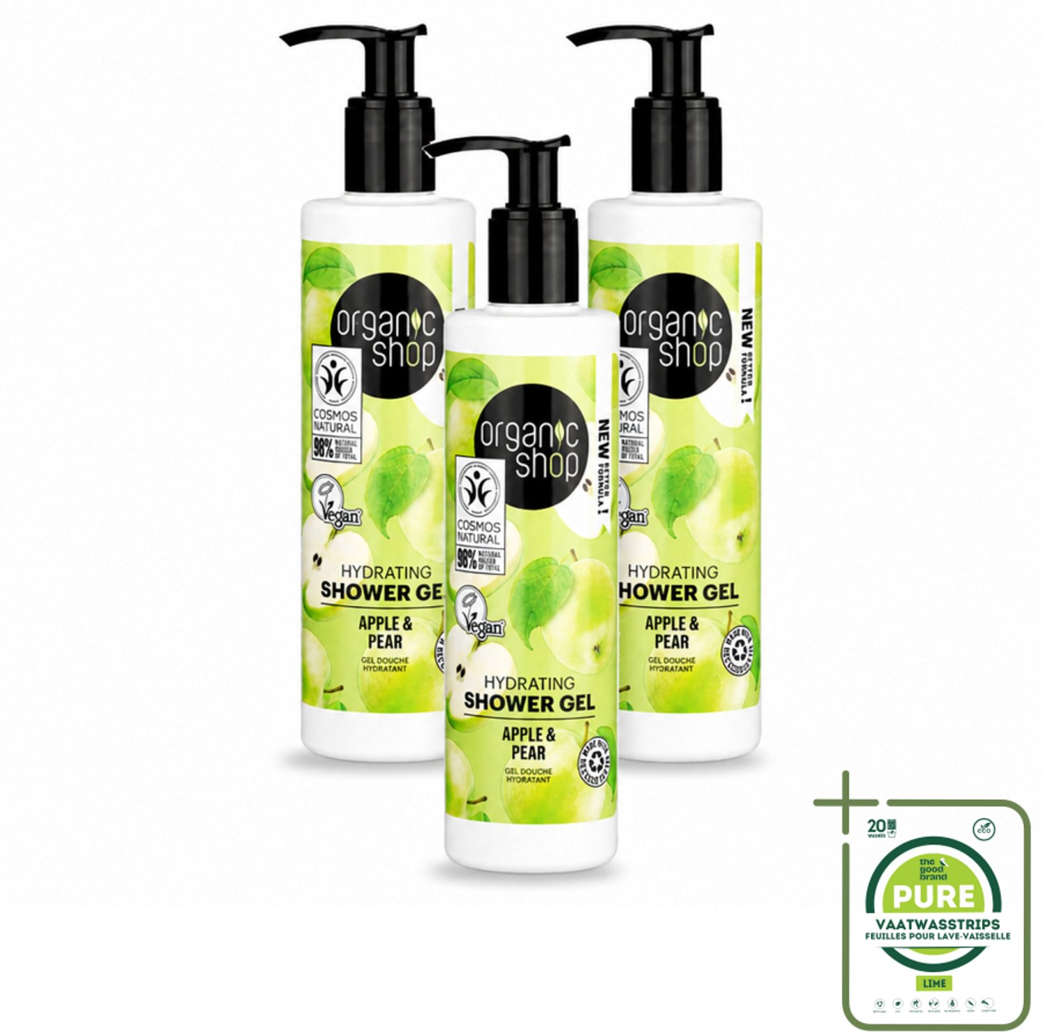 3 x Organic Shop - Douchegel Apple & Pear - Verfrissend en Hydraterend - 280 ml - Grootverpakking - Vaatwasstrips - Douchegel - Natuurlijke Douchegel - Biologische Douchegel - Appel En Peren Douchegel - Hydraterende Douchegel
