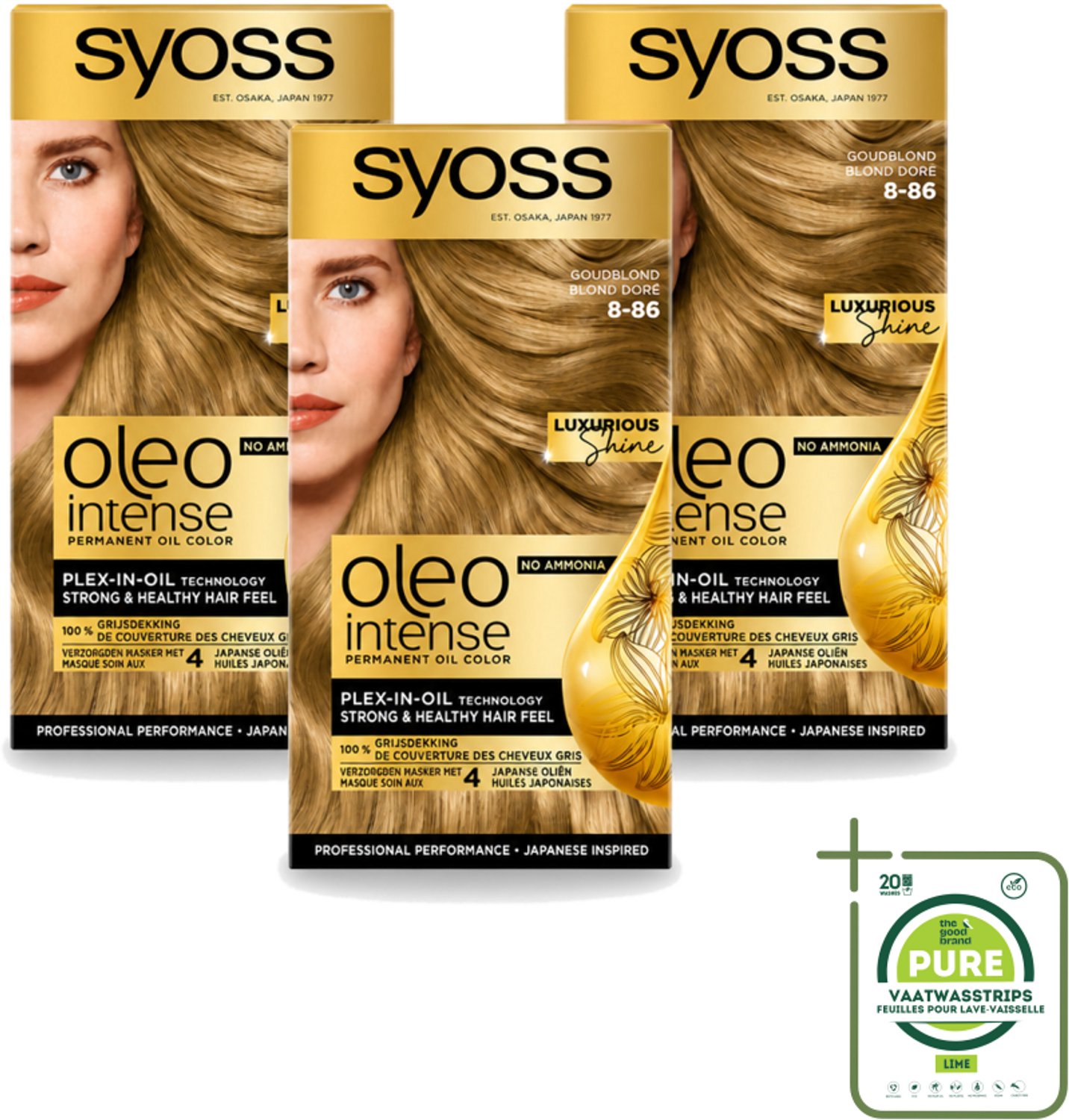 3 x SYOSS - Oleo Intense 8-86 Golden Dark Blond - Haarverf - Zonder Ammoniak - Grijsdekking - Langdurige Kleur - Grootverpakking - Vaatwasstrips - Haarkleuring - Permanent Haarkleuren - Zonder Ammoniak - Grijsdekking - Haar Verzorging