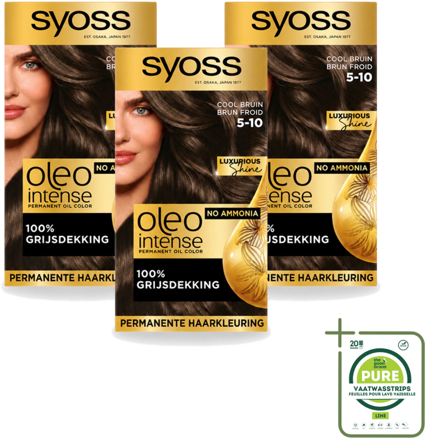 3 x SYOSS - Oleo Intense 5-10 - Haarverf - Permanente Haarkleuring - Cool Bruin - Langdurige Kleur - Grootverpakking - Vaatwasstrips - Haarkleur - Haarkleuring - Olieformule - Grijsdekking - Cool Bruin