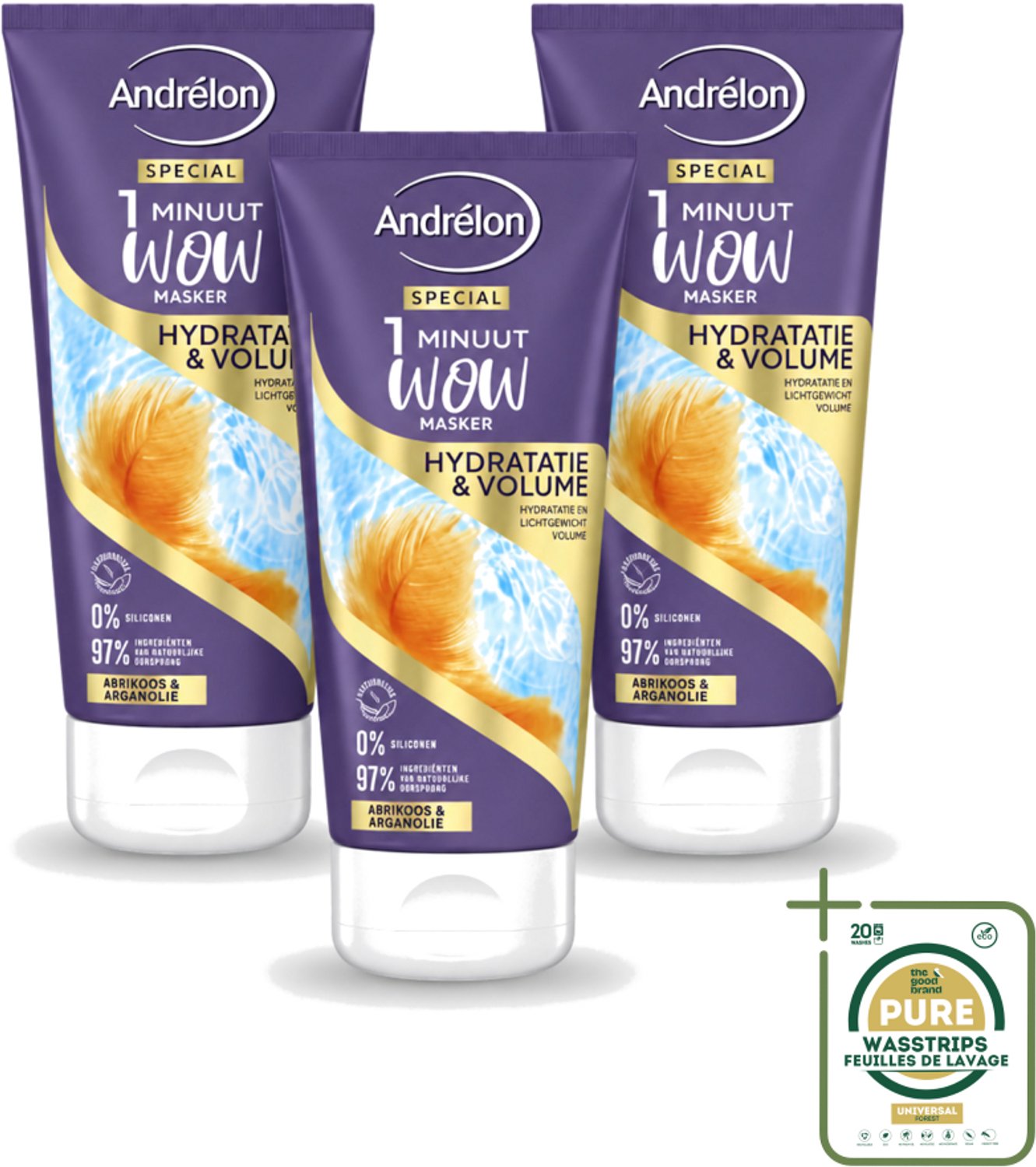 3 x Andrélon - WOW - 1 Minuut Masker - Hydratatie & Volume - 180 ml - Wasstrips - 1 Minuut Masker - Haarhydratatie - Haarvolume - Fijn Haar Verzorging - Luchtig Haar