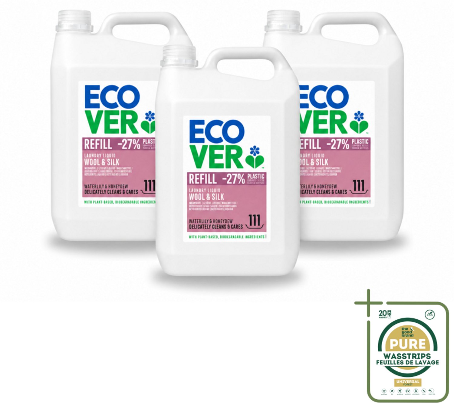 3 x Ecover - Vloeibaar wasmiddel - Wol & Fijnwas - Waterlelie & Honingmeloen - 5 liter - 111 wasbeurten - Wasstrips - Wasmiddel Wol - Fijnwas - Zachte Wasmiddel - Delicate Stoffen - Waterlelie Geur