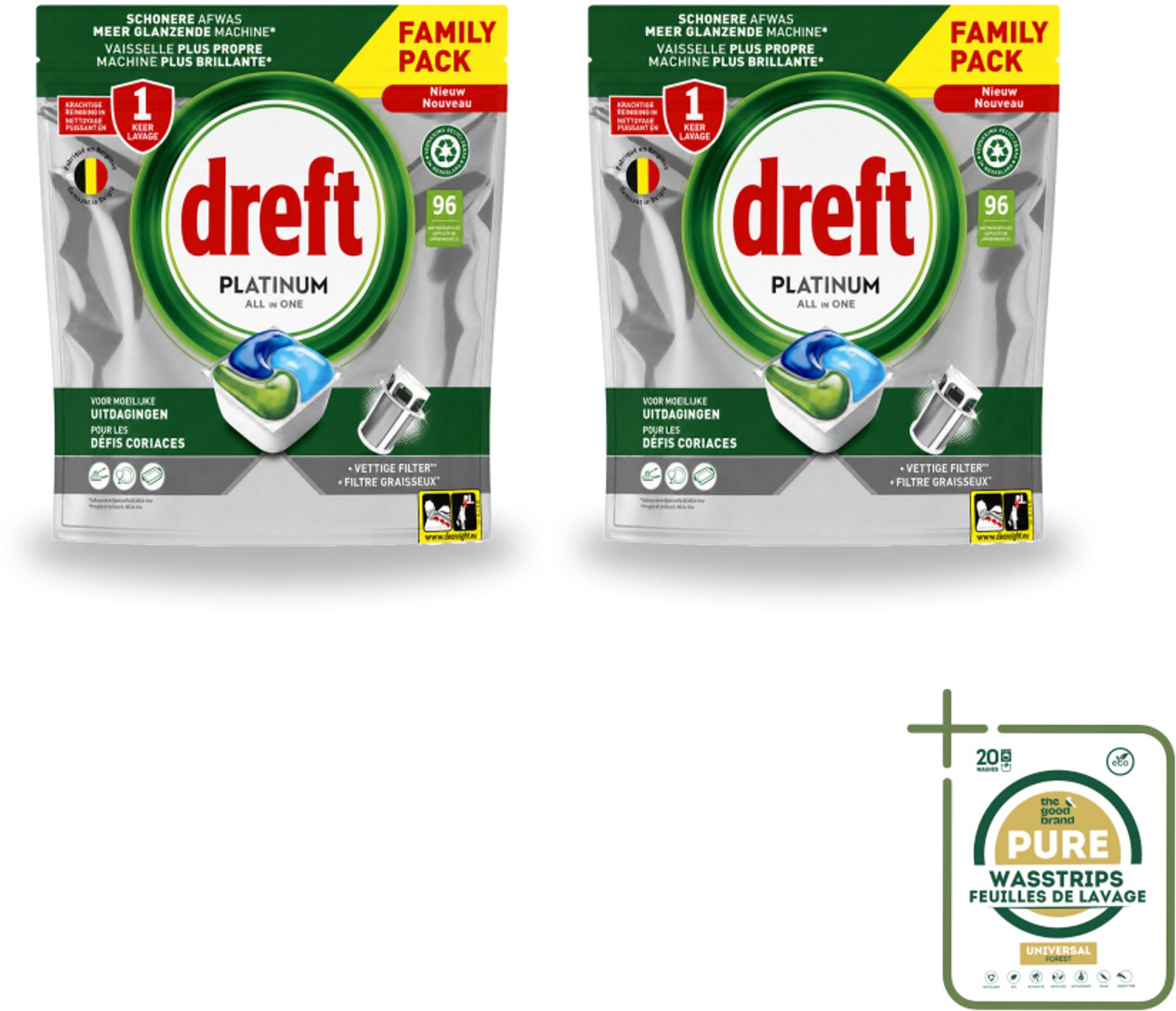2 x Dreft - Vaatwastabletten - Platinum All-in-One Origineel - Grootverpakking - 96 Tabletten - Wasstrips - Vaatwasmiddel - Vaatwastabletten - Schone Vaat - Vetvrij - Vaatwasser Reinigen
