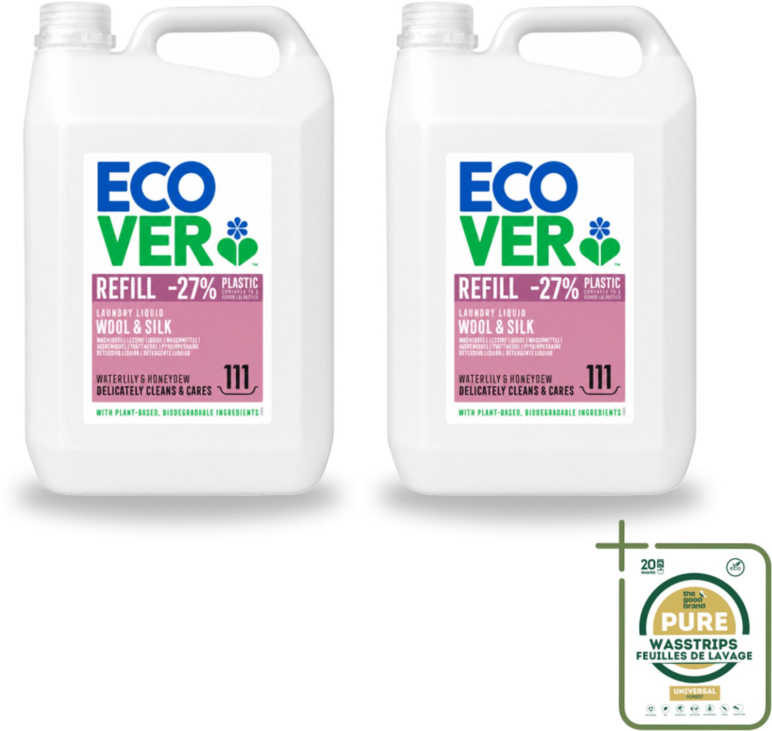 2 x Ecover - Vloeibaar wasmiddel - Wol & Fijnwas - Waterlelie & Honingmeloen - 5 liter - 111 wasbeurten - Wasstrips - Wasmiddel Wol - Fijnwas - Zachte Wasmiddel - Delicate Stoffen - Waterlelie Geur