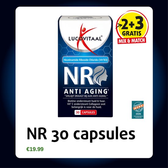 Lucovitaal NR Anti Aging capsuleverpakking, met '2+3 GRATIS MIX & MATCH' aanbieding, en 'Gekozen Merk door de consument 2026' zegel.