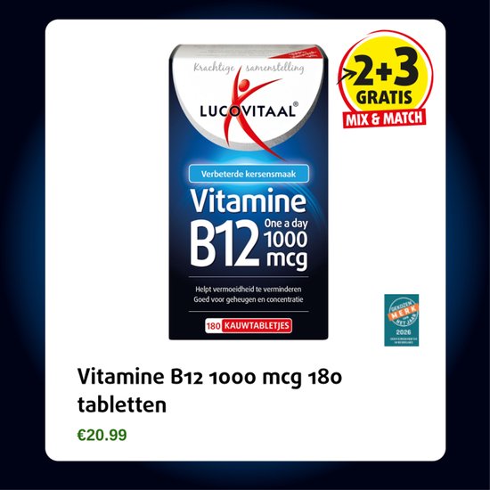 Verpakking Lucovitaal Vitamine B12 1000 mcg, 180 kauwtabletten. Promotie '2+3 GRATIS MIX & MATCH'.