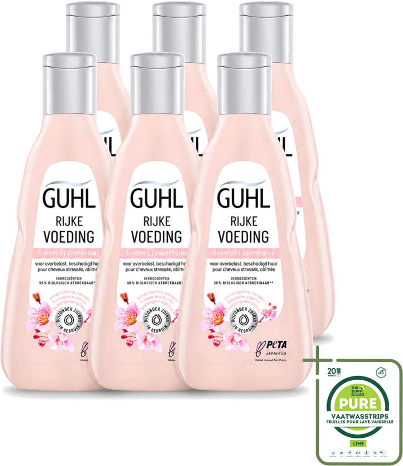 6 x Guhl - Shampoo - Rijke Voeding - 250 ml - Grootverpakking - Vaatwasstrips - Voedend Haarshampoo - Droog Haar - Uitgedroogd Haar - Haar Verzorging - Amandelolie