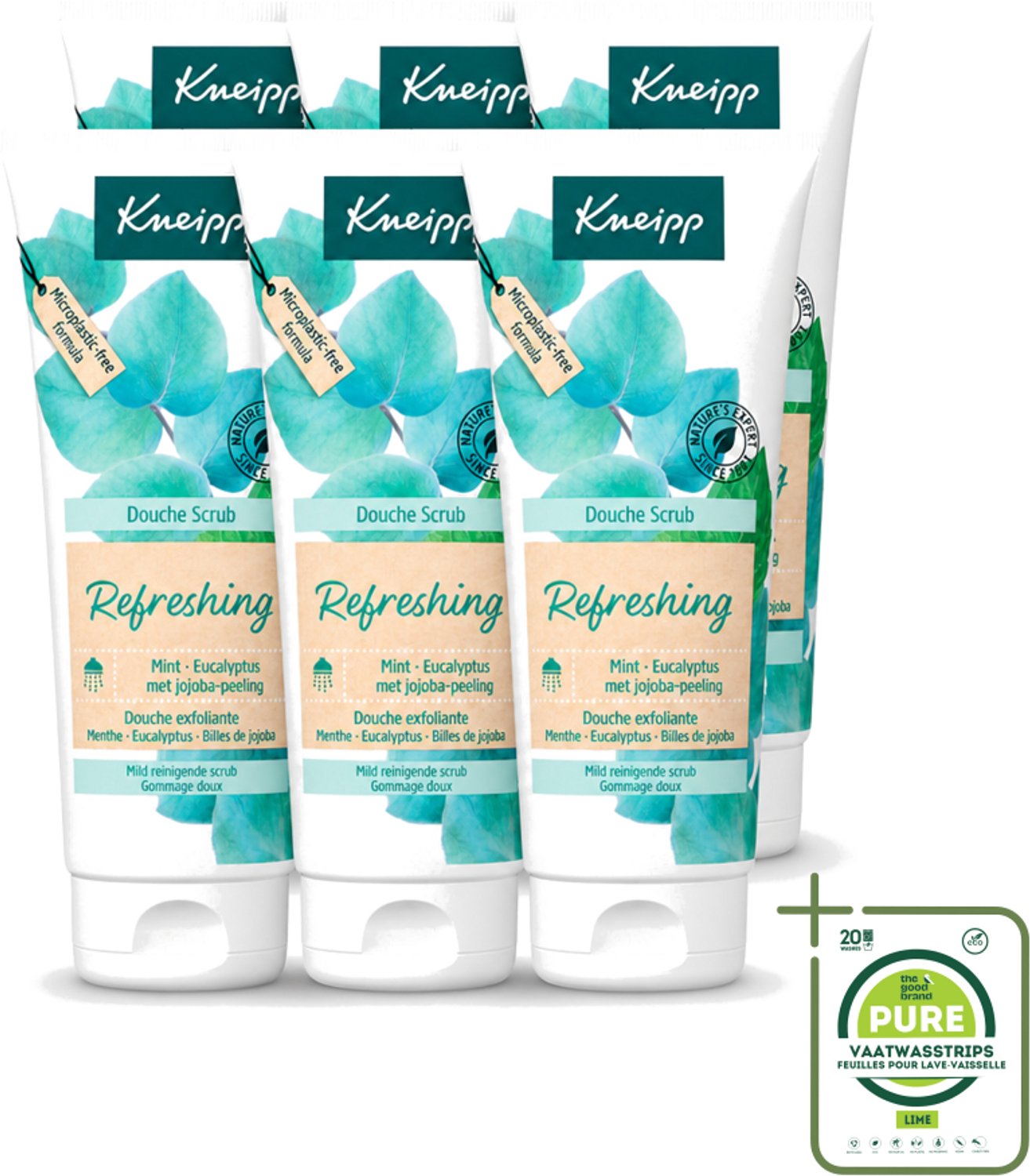 6 x Kneipp - Douche scrub - Refreshing - Mint & Eucalyptus - 200 ml - Grootverpakking - Vaatwasstrips - Douche Scrub - Verfrissende Douche - Huid Verzorging - Exfoliatie - Jojoba Scrub