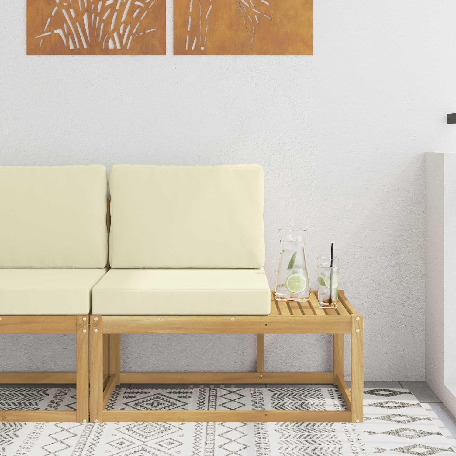 Witte Tuinbank Eind Sofa 91x63x73 cm Massief Acaciahout Modulair Weerbestendig met Kussens voor Buiten Lounge Terras