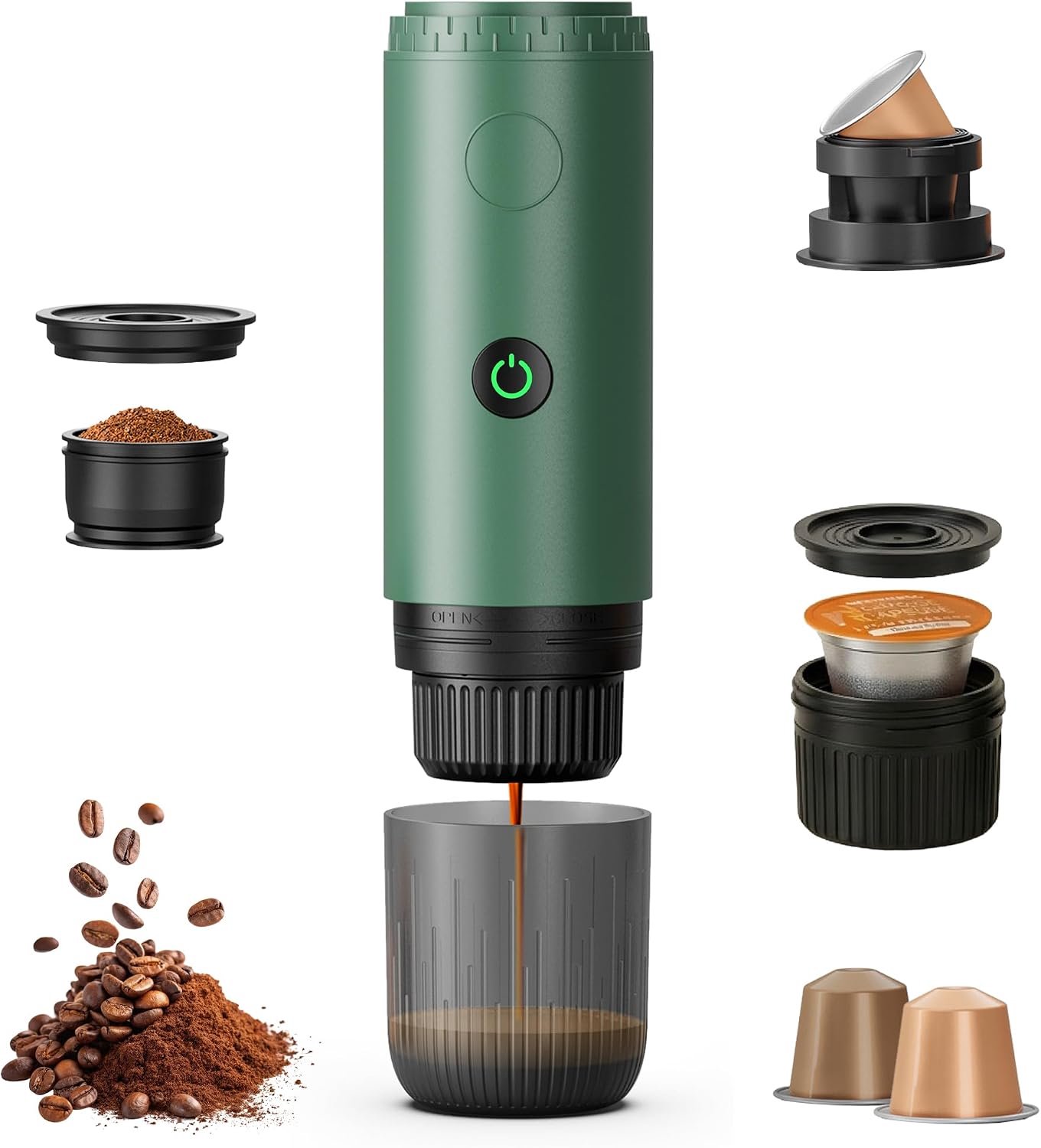 Draagbare koffie, compatibel met capsules en groene gemalen koffie
