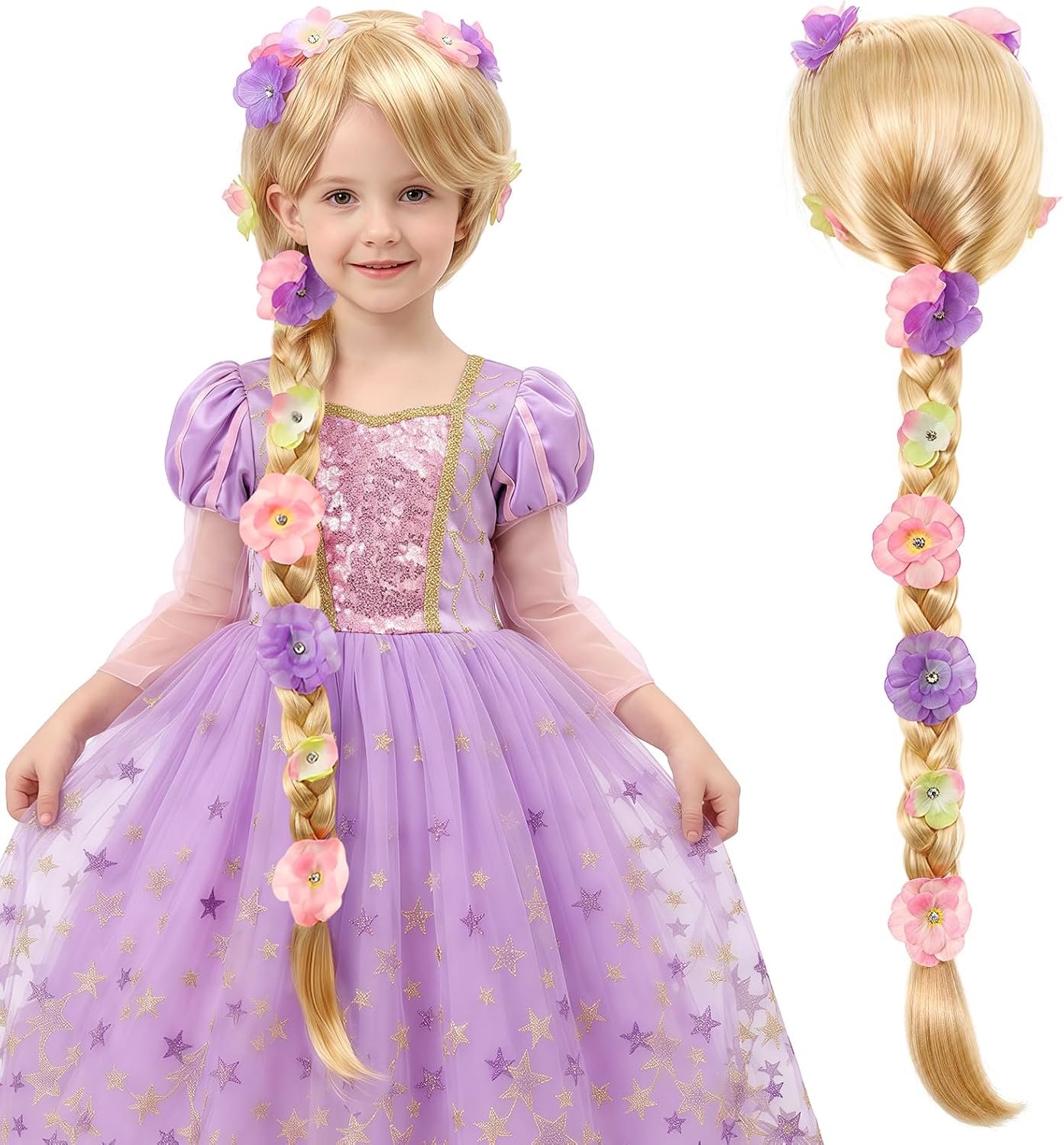 Prinsessenpruik, prinsessenkinderpruik, prinsessencosplay, gevlochten prinsessenpruik, Rapunzel pruik, voor sprookjes, carnaval, themafeest