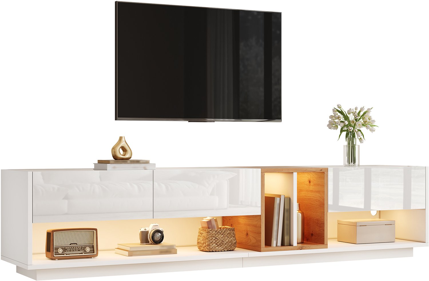 Clruro TV-Meubel - 190×38×42 cm - App-LED - Hoogglansfront en 3 Deuren - Spaanplaat - Wit