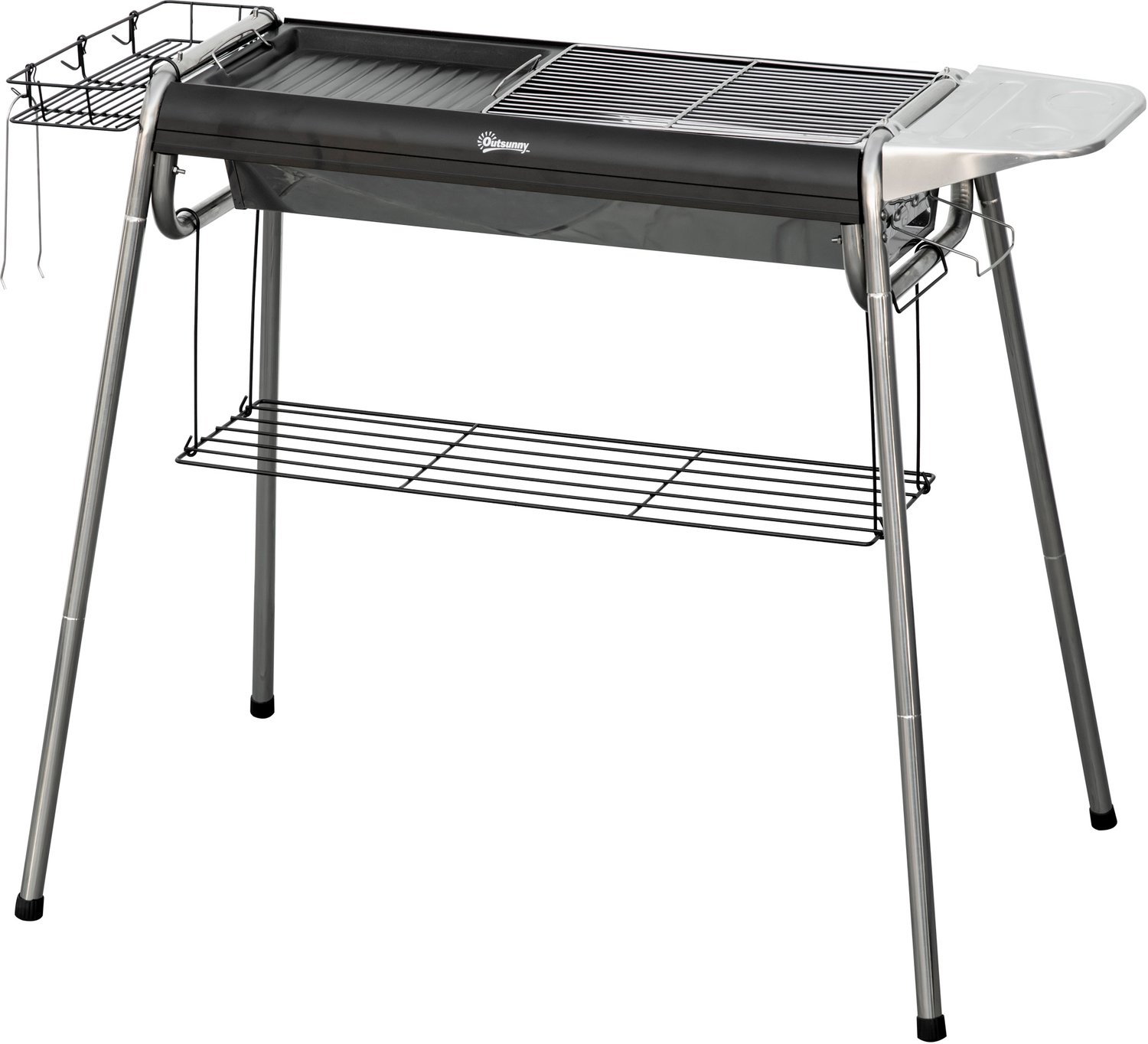 Houtskoolbarbecue met grillrooster, kookplaat, mand en planken, 107 x 63 x 75 cm, zwart