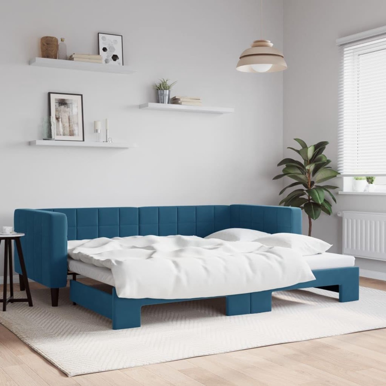 Dagbed uittrekbaar blauw 90 x 200 cm, fluweel, bedframe voor woonkamer, slaapkamer, hotelbed