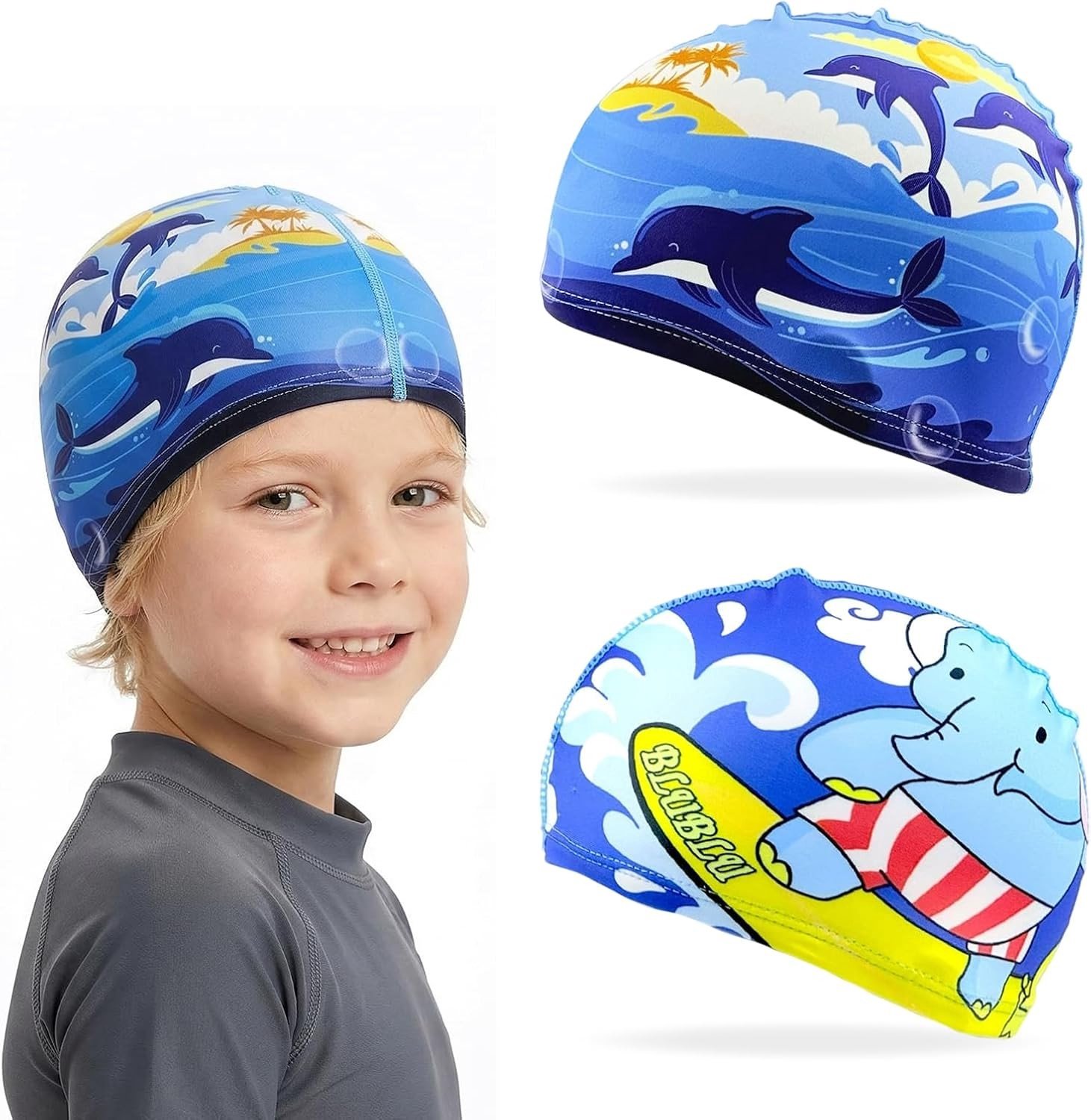 Set van 2 Waterdichte Zwemmutsen voor Kinderen met Olifanten- en Dolfijnmotief, Antislip, Ideaal voor Meisjes en Jongens, 23 x 14 cm, Blauw