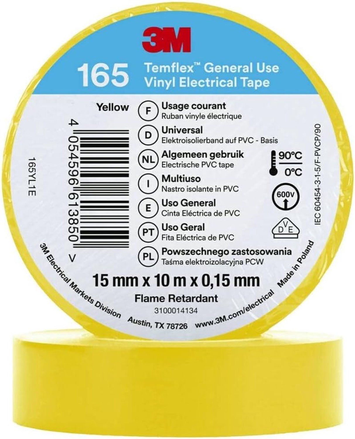 3M Temflex™ 165 165YL1E Insulation tape Temflex 165 Yellow (L x W) 10 m x 15 mm 1 pc(s)