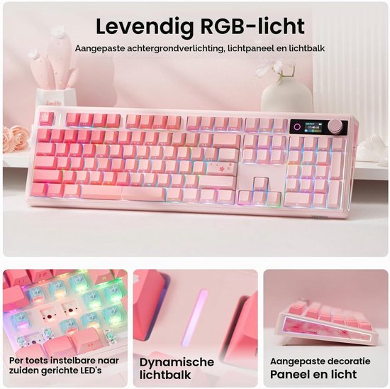 Volledig mechanisch toetsenbord met scherm en knoppen, 10000mAh batterij, BT/2.4GHz, PBT keycaps, hot swap, RGB verlichting, gasket ontwerp, draadloos gaming toetsenbord voor Mac en PC (roze, zeezout stil) — afbeelding 4