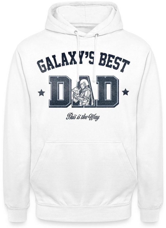 Witte hoodie voor heren, met op de voorkant de tekst 'GALAXY'S BEST DAD' en de tekst 'This is the Way'.