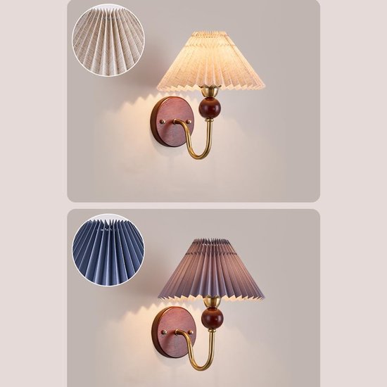 Vintage wandlamp van plisséstof met houten sokkel, middeleeuwse stijl, bekabeld, voor slaapkamer en hal, wit — afbeelding 5