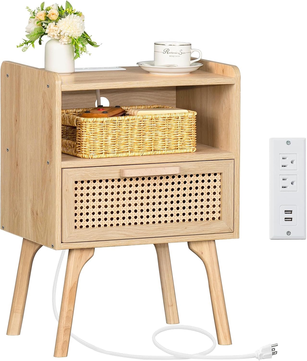 Lerliuo Rotan nachtkastje met laadstation, boho bijzettafel met open plank met lade, nachtkastje met massief houten poten voor slaapkamer, slaapkamer en kleine ruimtes