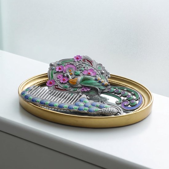 Vintage Zinc Alloy Handspiegel Metalen Kam Retro Spiegelkam voor Draagbare Make-up Haarverzorging Elegant Peacock Patroon Cadeau voor Vrouwen — afbeelding 2