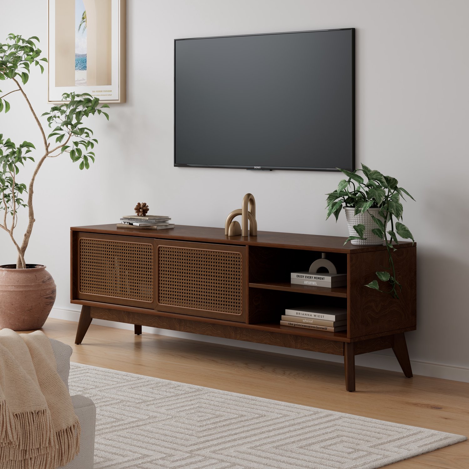 HAUSS SPOLE Tv-Meubel - Rotan Schuifdeuren En Open Vakken - Voor Televisies Tot 65 Inch - MDF En Hout - 150x40x50 Cm - Walnootkleur