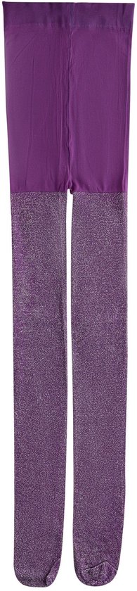 Paarse glittermaillot met een gladde tailleband en glinsterende benen.
