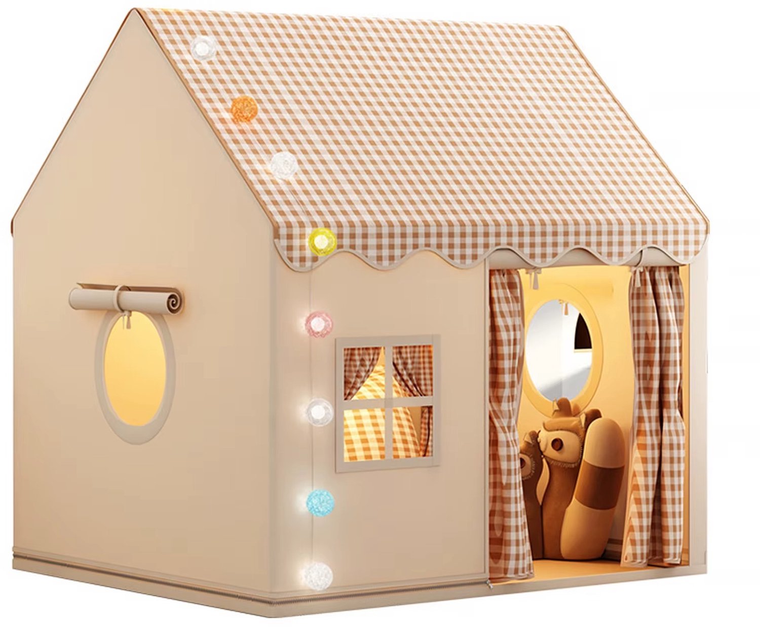 CreateEcom speeltent - speelhuisje - kindertent - gemaakt van polyester - voorzien van veelkleurige ballenlampjes en metalen beugels - voor baby's en kinderen van 3 tot 7 jaar - voor gebruik binnenshuis -Khaki kleurig - 120x100x130 cm