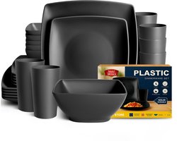 Teivio 24-delige keuken kunststof vierkante serviesset, servies voor 6, dinerborden, dessertborden, ontbijtkommen - ShopVlot